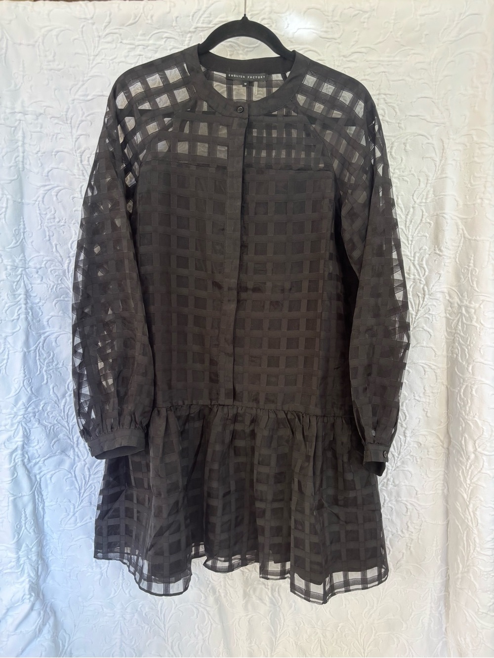 English Factory Sheer Checkered Organza Long Sleeve Black Mini Dress